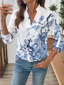 SHEIN LUNE Women's Stand Collar Printed Long Sleeve Fitted Blouse - White - View 3
