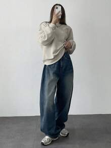 DAZY 图案刺绣宽松圆领长袖女式运动衫，秋季女装 - 淺灰色 - 查看 3