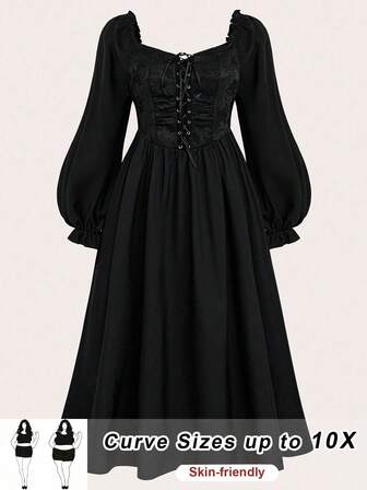 SHEIN CURVE+ 大码长款孔眼系带拼布连衣裙