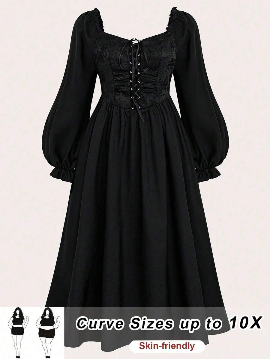 SHEIN CURVE+ Váy chắp vá buộc dây dài cỡ lớn - màu đen - Xem 1