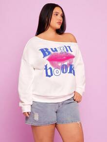Mean Girls | SHEIN Plus Size Women Casual Lip & Letter Print Asymmetrical Neck Loose Pullover Sweatshirt, Fashion Street Style, Spring/Autumn - White - View 3