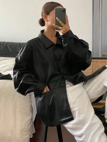 Livesso 女士宽松休闲加厚商务休闲夹克，秋冬新款皮夹克女式外套 - 黑色 - 查看 4