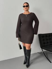 SHEIN PETITE CURVE 大码女式休闲纯色优雅喇叭袖连衣裙 - 棕色 - 查看 4