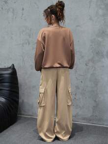 SHEIN 少女杏色圆领套装，工装裤，休闲校园风，秋季 - 彩色 - 查看 2