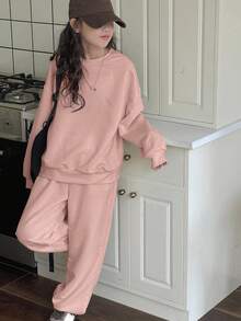 DAZY 2pcs/Set Tween Girls Crew Neck Letter Embroidery Sweatshirt Outfit, Fall - Dusty Pink - View 3