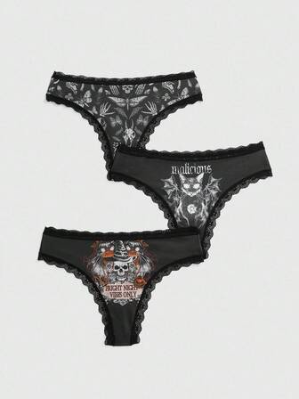 Goth 3pcs/Set Plus Size Gothic Halloween Skeleton, Bat, Pumpkin, Vine, Slogan, Rose, Black Cat, Skull, Butterfly, Moth, Mushroom, Plant Full Print Narrow Edge Thong Panties