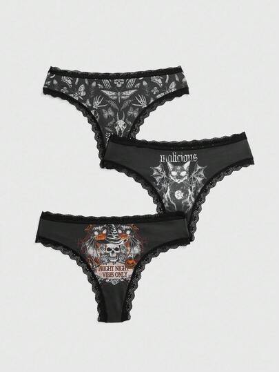 Goth 3pcs/Set Plus Size Gothic Halloween Skeleton, Bat, Pumpkin, Vine, Slogan, Rose, Black Cat, Skull, Butterfly, Moth, Mushroom, Plant Full Print Narrow Edge Thong Panties