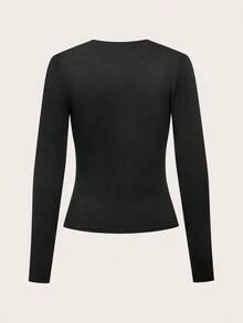 SHEIN EZwear 2 件女士休闲圆领长袖紧身长款 T 恤套装，百搭百搭，不同面料，适合秋冬季 - 黑色 - 查看 8