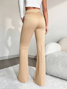 EURMUSE Ladies' Solid Color Suit Trousers With Pockets - Beige - View 2