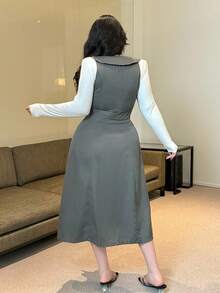 Flirla Plus Size Casual Commuter Solid Color Double-Breasted Sleeveless Windbreaker Winter Fall Autumn