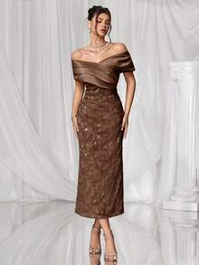 Coutiva Elegant Drop Shoulder Backless Fruit Green Satin Stitching Jacquard Sequin Hem Straight Skirt Back Slit Party Dress, Suitable For Birthday Parties, Daily Gatherings, Prom Dresses, Cocktail Parties, Graduation Ceremonies, School Opening Parties, Etc. - Coffee Brown - View 6