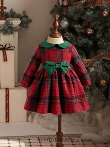 Cozy Pixies Vestido de Manga Longa com Gola Peter Pan e Cintura Marcada para Meninas, Confortável e Versátil, Adequado para Uso Casual, Escola, Esqui, Uso Diário, Esportes, Festas, Outono/Inverno. Forro Térmico, Reforçado para Clima Frio. Vestido de Natal para Bebê Menina, Vestido Vintage para Bebê Menina em Bordô, Vestido Xadrez Vermelho para Bebê Menina, Vestido de Natal Xadrez para Bebê, Vestido de Natal Tartan para Bebê Menina - Vermelho - Visão 4