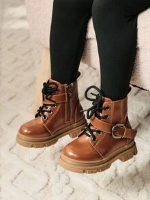 Cozy Pixies 1 双时尚、百搭、乡村风格金属扣棕色软底系带踝靴，适合秋冬季 - 棕色 - 查看 2