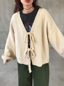 FRIFUL 女士纯色杏色系带宽松休闲开衫，适合秋季穿着 - 米色 - 查看 4