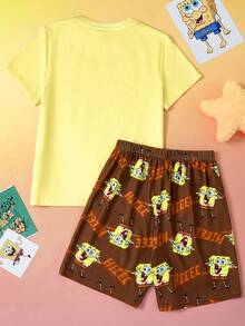 SpongeBob SquarePants | SHEIN 2pcs Tween Girl Cartoon Graphic Print Loose Fit Round Neck Short Sleeve Top And Shorts, Casual Summer Knit Flame Retardant Pajama Set