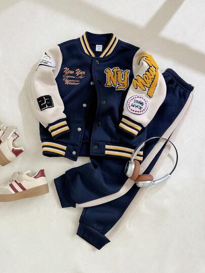 Playful Pals 2 件套幼儿男童学院风字母印花刺绣拼布前扣休闲棒球夹克和裤子套装，罗纹领口、袖口和下摆设计，适合秋冬季外出、街头服饰、日常穿着、运动、上学、旅行、度假
