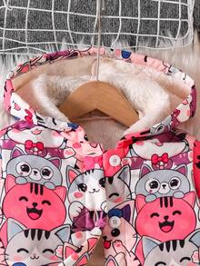 SHEIN Elladie kids 女童可愛貓咪印花輕便夾克，保暖內裡連帽外套，適合學校、戶外活動與家庭聚會，秋冬款 - 彩色 - 查看 5