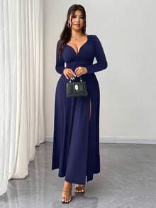 SHEIN Clasi Đầm dự tiệc tay dài ôm sát, cổ chữ V thanh lịch, chất liệu co giãn cao dành cho nữ cỡ lớn, thiết kế xẻ tà thời trang, đa năng - Màu xanh hải quân - Xem 7