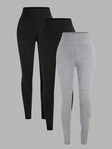 SHEIN SXY 3-Pack Plus Size Women's Solid Color Casual Leggings, Comfortable & Smooth, Suitable For Yoga, Fitness, Cycling And Daily Wear, Autumn Grey Leggings Black Leggings High Waisted Leggings