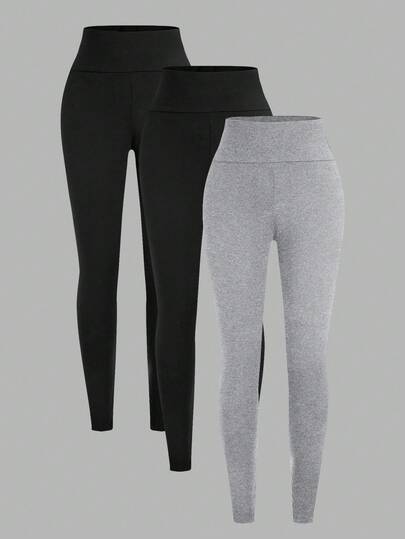 SHEIN SXY 3 条装加大码女式纯色休闲紧身裤，舒适顺滑，适合瑜伽、健身、骑行和日常穿着，秋季