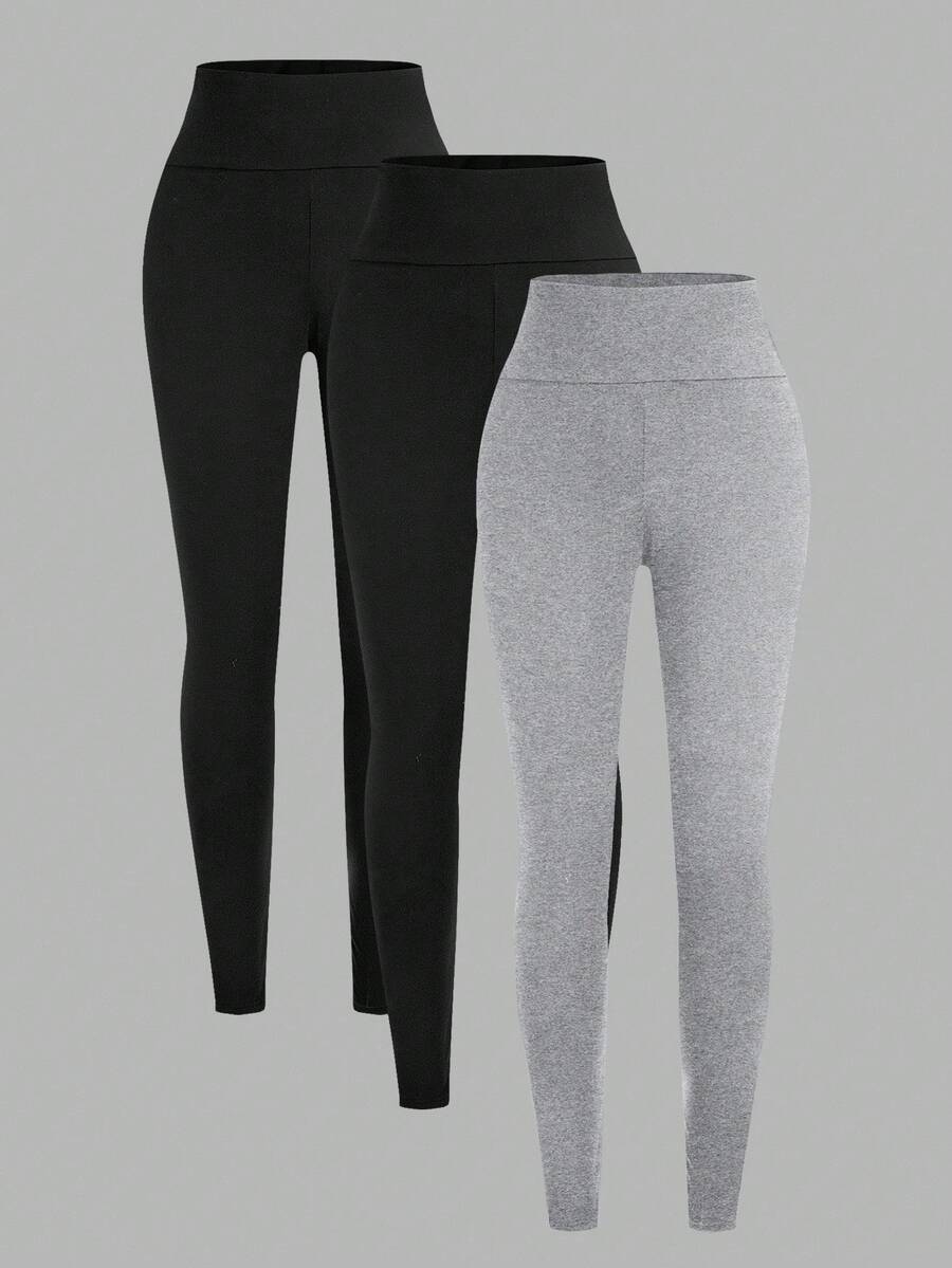 SHEIN SXY 3-Pack Plus Size Women's Solid Color Casual Leggings, Comfortable & Smooth, Suitable For Yoga, Fitness, Cycling And Daily Wear, Autumn Grey Leggings Black Leggings High Waisted Leggings