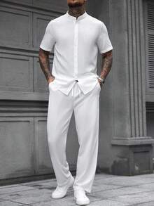 Manfinity Homme 男士两件套，男士衬衫套装男士白色两件套裤子套装男士两件套，男士休闲装和极简主义百搭，适合日常通勤旅行男士两件套服装白色 - 白色 - 查看 6