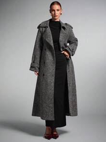 SHEIN BAE Large Lapel Patterned Double-Breasted Long Overcoat, Long Coat Women, Trench Coat Women, Wool Coat Women,Coarse Twill Wool Coat,Elegant Casual Coat In Fall/Winter - Black and White - View 1