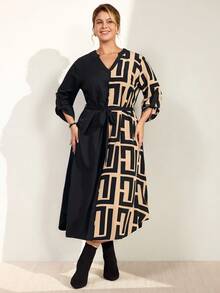 Momelise Damen V-Ausschnitt Farbblock Langarm Kleid, Lässig Wear - Verschiedenfarbig - Übersicht 6