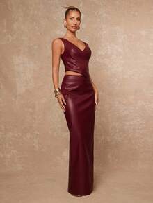 Lumalex Fall/Winter Collection Winter Clothes For Women 2pcs/Set Women Faux Leather V-Neck Sleeveless Criss-Cross Ruched Bodycon High Waist Outfit Red Leather Dress Burgundy Dress Maroon Dress Red Wine Dress Rouche Dress Luxury Evening Everyday Glamorous Outfit, Party, Going Out, Dates Essential, Birthday Gift, Teacher's Outfit, Business Casual, Women's Luxury Coats, Elegant Outfit For Women, New Year's Outfit Eve