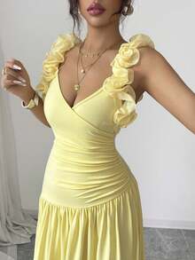 Elenzga Váy họa tiết hoa thanh lịch cổ chữ V thắt eo nhún vai cho nữ, màu vàng kem, thích hợp cho các buổi hẹn hò, lễ hội âm nhạc, tụ họp và nhiều dịp khác, mùa hè - Vàng nhạt - Xem 3