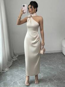 Selianne 优雅性感法式缎带斜肩领口 3D 花朵腰部捏褶修身紧身连衣裙