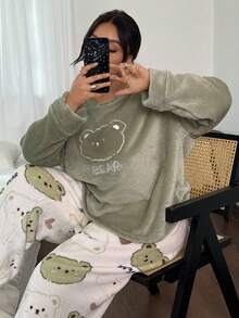 SHEIN 加大码刺绣爱心印花加厚绒毛睡衣套装，秋冬保暖舒适