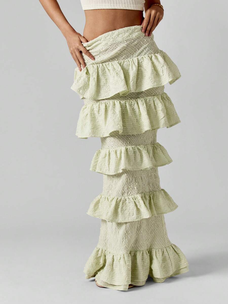 MISSGUIDED Sage Green Tiered Ruffle Maxi Skirt With Lace Textured Fabric And High Rise Waist For Spring Summer Christmas - Green - View 1