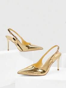 CUCCOO SZL Women's Pointed Toe Stiletto High Heel Gold Mirror PU Leather Slingback Pumps, Simple Elegant Commuting Versatile Ladies High Heels - Gold - View 2