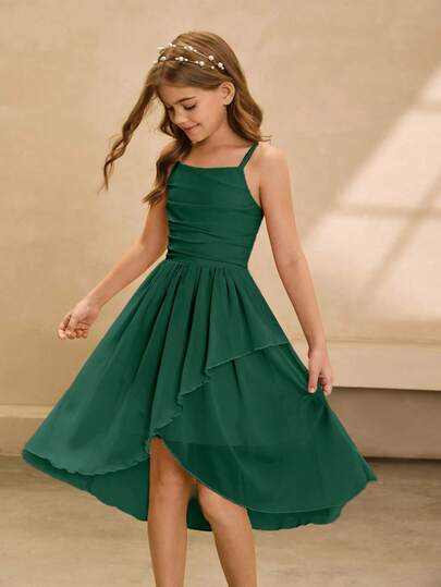 Tween Girls Elegant Luxurious Pink Spaghetti Strap Midi Dress, Suitable For Party, Banquet, Evening Event, Birthday, Performance, Wedding, Flower Girl, Prom, Vacation Fall Winter