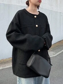 FRIFUL 女士针织混纺金属纽扣装饰圆领开衫，宽松优雅通勤常规外套，秋季黑色外套黑色开衫超大款外套短款外套黑色西装外套女式大衣