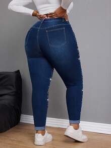 Slaydiva Quần jean bó sát đính đá thời trang cỡ lớn Quần jean lấp lánh Quần jean Diamante Quần jean cạp cao Quần jean đính đá Quần jean pha lê Quần jean denim và kim cương dành cho nữ Quần jean cạp cao đính đá lấp lánh - Rửa tối - Xem 2