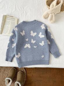 SHEIN 少女厚羊毛混纺针织毛衣，圆领长袖，蝴蝶提花图案，温暖柔软，适合万圣节、圣诞节、秋冬季 - 藍色 - 查看 2