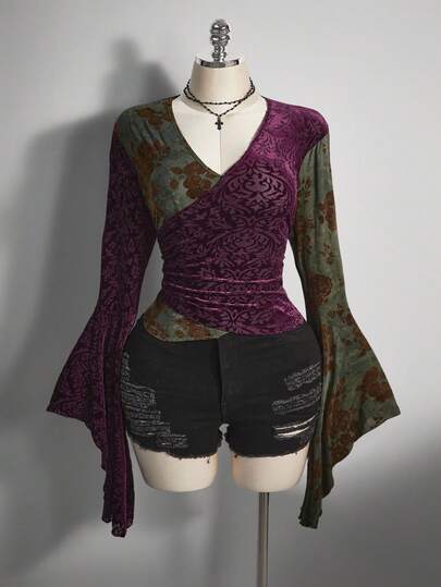 SHEIN ICON 大码女式夸张荷叶边袖 V 领天鹅绒上衣、Y2K 复古交叉 V 领衬衫、万圣节服装