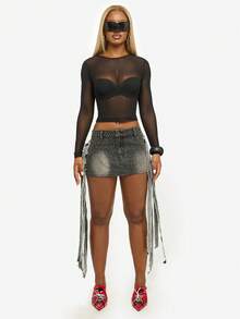 SUMWON WOMEN Cotton Rhinestone Studded Denim Mini Skirt With Tassel Fringe Details For Festival Party Club - Black - View 2