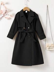SHEIN Kleine Mädchen Locker geschnittene Jacke mit Doppelreiher-Kragen, Parka, Trenchcoat, im lässigen Militärstil, geeignet für Pendeln und Outdoor-Outfit, Frühling/Sommer/Herbst/Winter, Y2K-Stil für metallic Jacke, Y2K-Jacke, silberne Jacke, für Halloween, Mutter & Schwester & Ich Partnerlook, Herbst - Schwarz - Übersicht 9