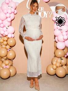 Loomaby 孕妇蕾丝领长袖上衣和可调节腰部修身短裙两件套，优雅 - 白色 - 查看 1