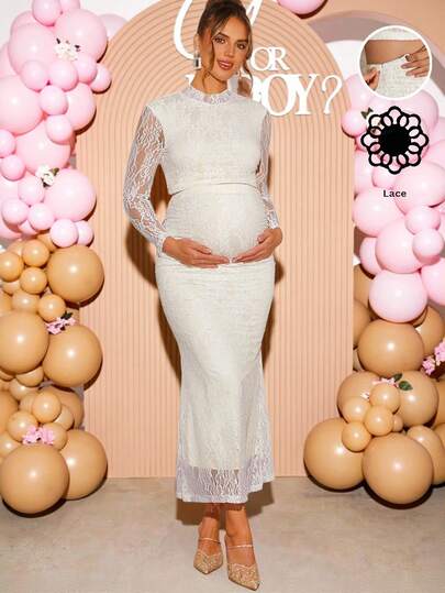 Loomaby 孕妇蕾丝领长袖上衣和可调节腰部修身短裙两件套，优雅