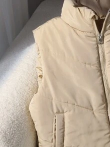 青少年女孩休闲百搭多功能绗缝立领短款加厚背心，秋冬秋季 - 杏色 - 查看 4