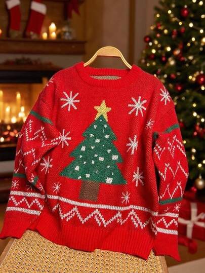 Franclia Holiday Party Versatile Christmas Element Jacquard Knit Pullover Sweater