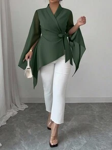 Elenzga Never Out Of Style: Gothic Prep With A Wednesday Twist. Embrace Your Inner Shadow Dark Feminine Fashion. Plus Size Cross V-Neck Tie Wrap Asymmetrical Chiffon Long Sleeve Design Asymmetrical Hem Bow Commuter Versatile French Elegant Black Blouse