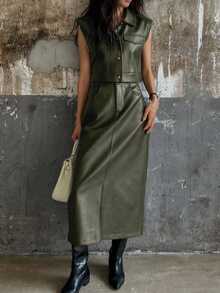 DAZY 2 Pieces Set Women Autumn/Winter Front Button Pocket Blouse And PU Skirt - Green - View 3