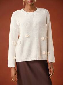 Zivah New Year Holiday, New Autumn And Winter, Christmas Casual Daily Date, Internet Celebrity Bestsellers, Street Daily Commuting Office Clothing, Sweet And Ladylike Ladies' Winter Outfits, Return To School Business Casual Women's Wear, Round-Neck Long-Sleeved, Three-Dimensional Flower Decoration, Diamond-Shaped Pattern Woolen Pullover, White Apricot Women's Sweater