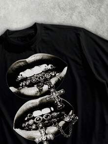 Manfinity Roghcode 男士唇印圆领短袖休闲短款宽松T恤 - 黑色 - 查看 2