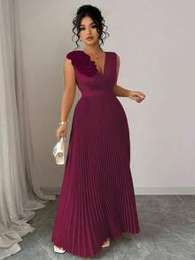 Vestido plisado de línea A de color crema amarillento, talla grande, con escote en V, sin mangas, cintura ceñida, sofisticado - Rosa - Ver 10